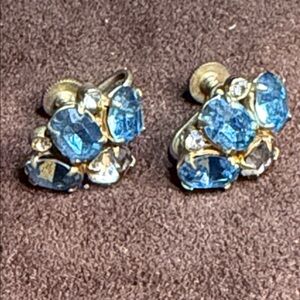 Vintage Colorful Rhinestone Screw Back Earrings blue 🐈‍⬛